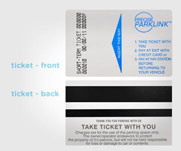 Image of parking ticket - front has arrow showing direction for inserting, back has magnetic stripes and large text 'take ticket with you' 